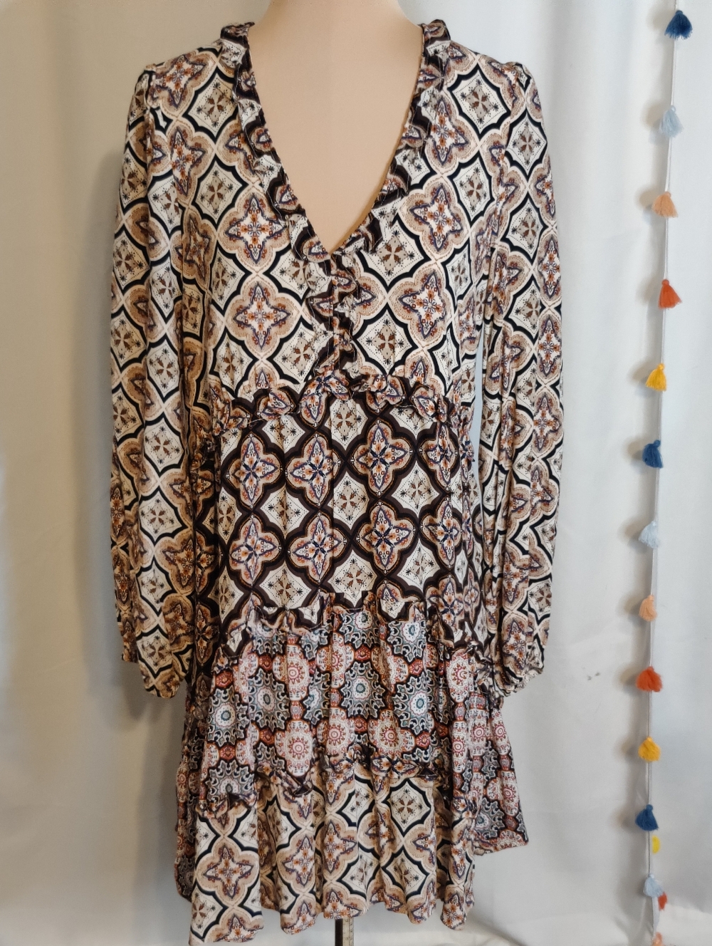Anthropologie mixed print Summer Dress full sleeves Flippy Hemline Chic SM